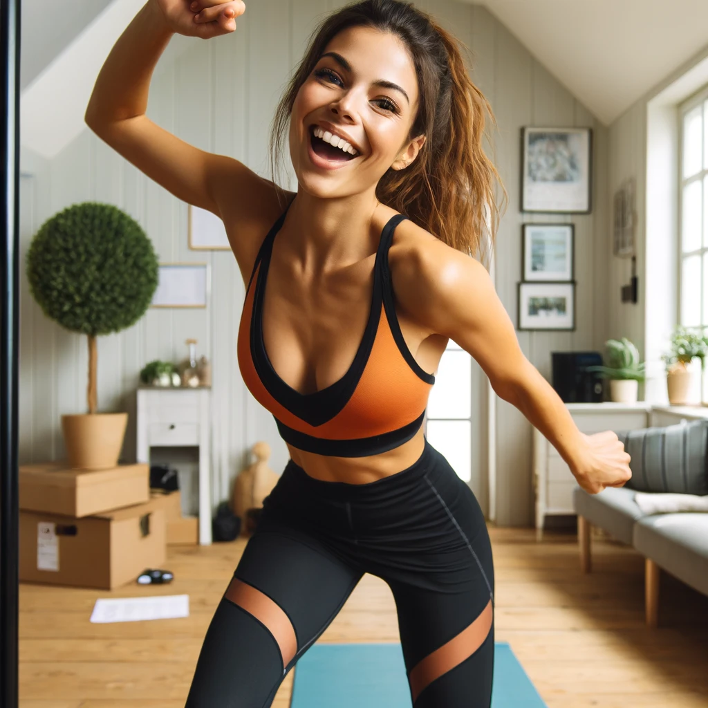 Femme souriante faisant du fitness à domicile, portant un legging noir et un top orange, dans un salon lumineux.