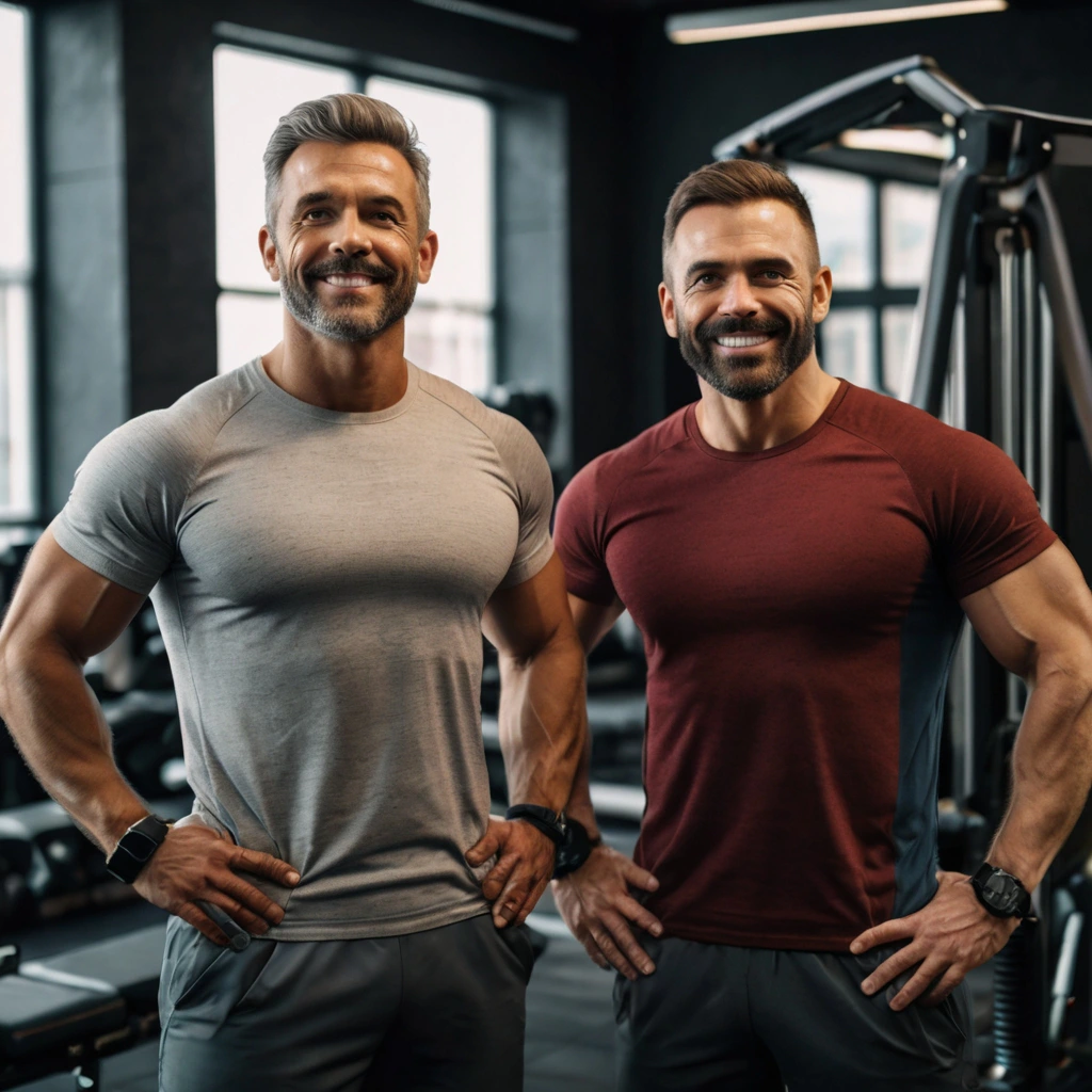 Deux hommes coachs de fitness souriants, portant des tenues de sport grises et rouges, dans une salle de gym.